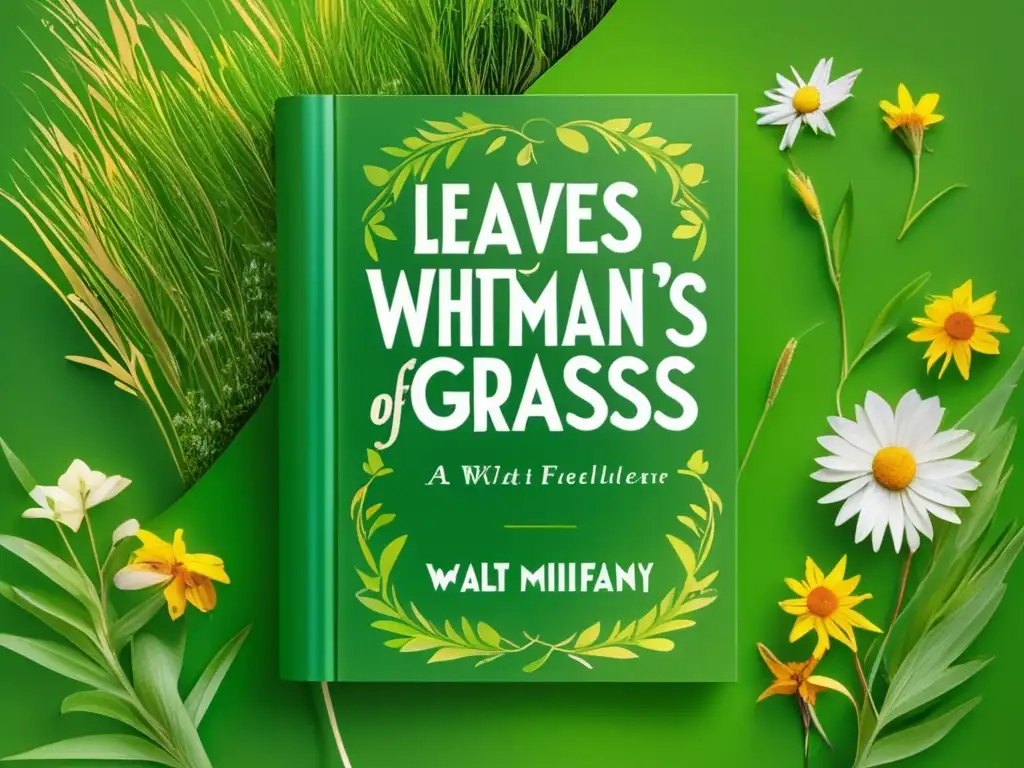 Un retrato 8k detallado del icónico libro 'Hojas de Hierba' de Walt Whitman, con hierba verde vibrante y flores silvestres