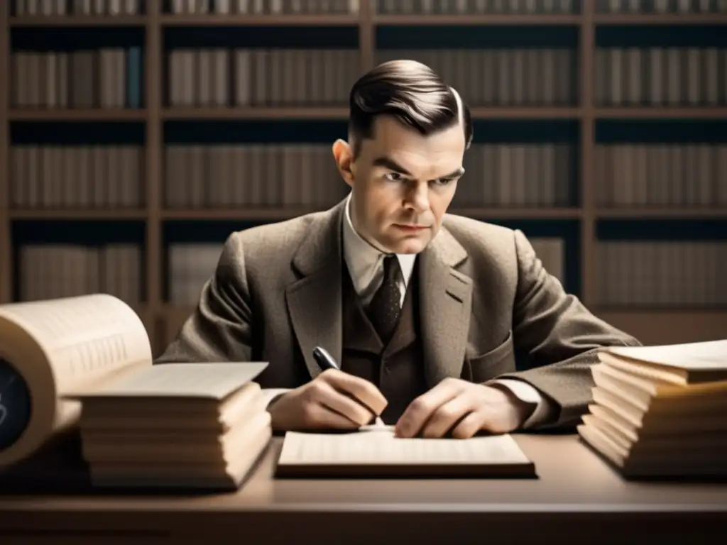 Un retrato detallado de Alan Turing inmerso en complejos cálculos, rodeado de papeles, con expresión reflexiva