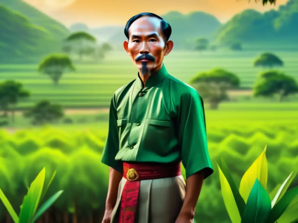 Un retrato detallado de Ho Chi Minh, líder de guerra Vietnam, inmerso en el exuberante paisaje vietnamita, con determinación en su mirada