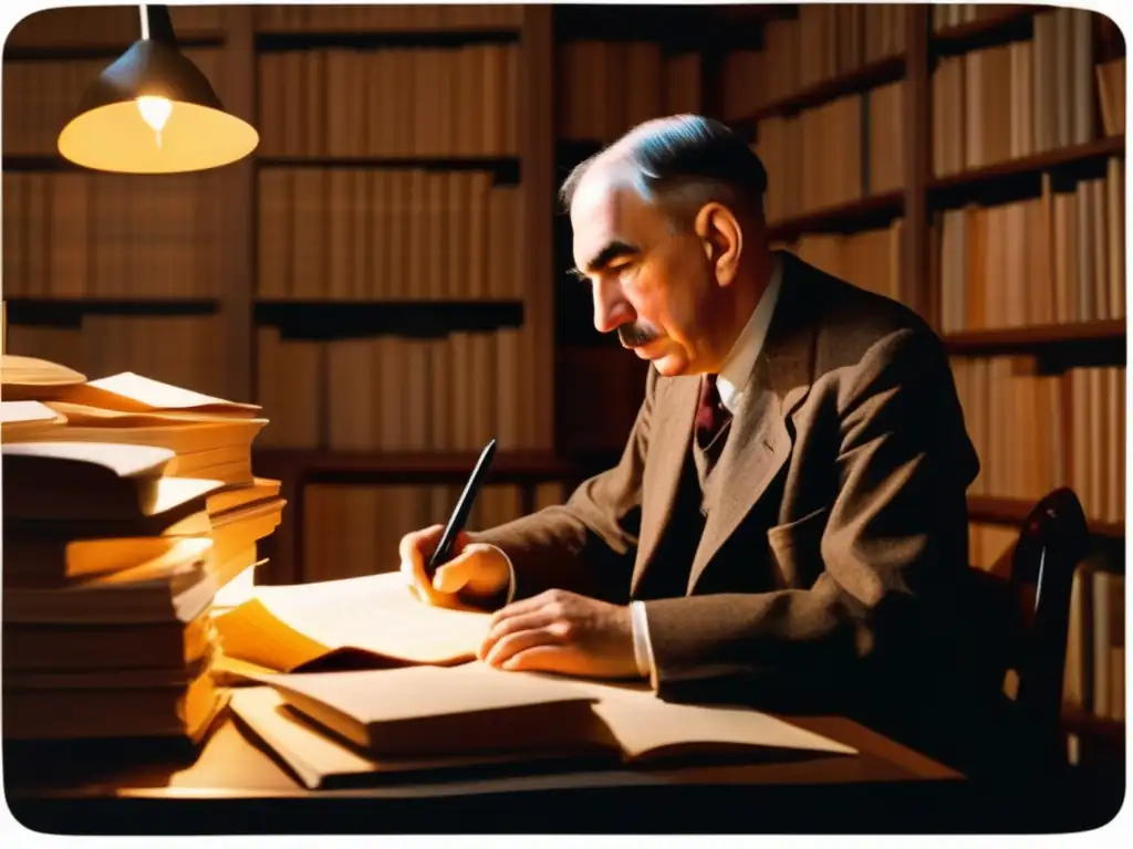 Un retrato detallado de John Maynard Keynes, inmerso en sus pensamientos en su escritorio, rodeado de libros y papeles