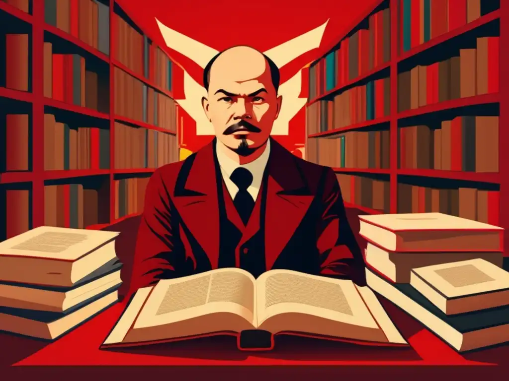 Un retrato detallado de Vladimir Lenin inmerso en la Revolución de Octubre, rodeado de libros y sumergido en sus pensamientos