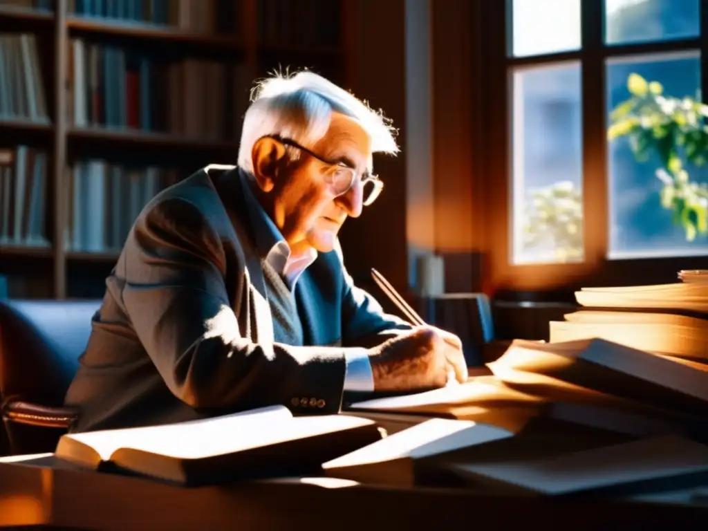 Un retrato detallado e íntimo de Jürgen Habermas inmerso en su trabajo, rodeado de libros y papeles, con la luz del sol proyectando sombras dramáticas