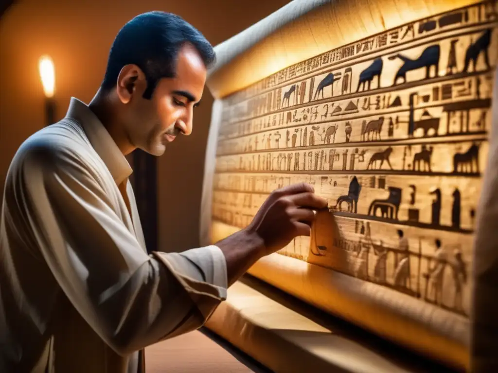 Un retrato detallado de Jean-François Champollion examinando cuidadosamente jeroglíficos egipcios en un pergamino envejecido