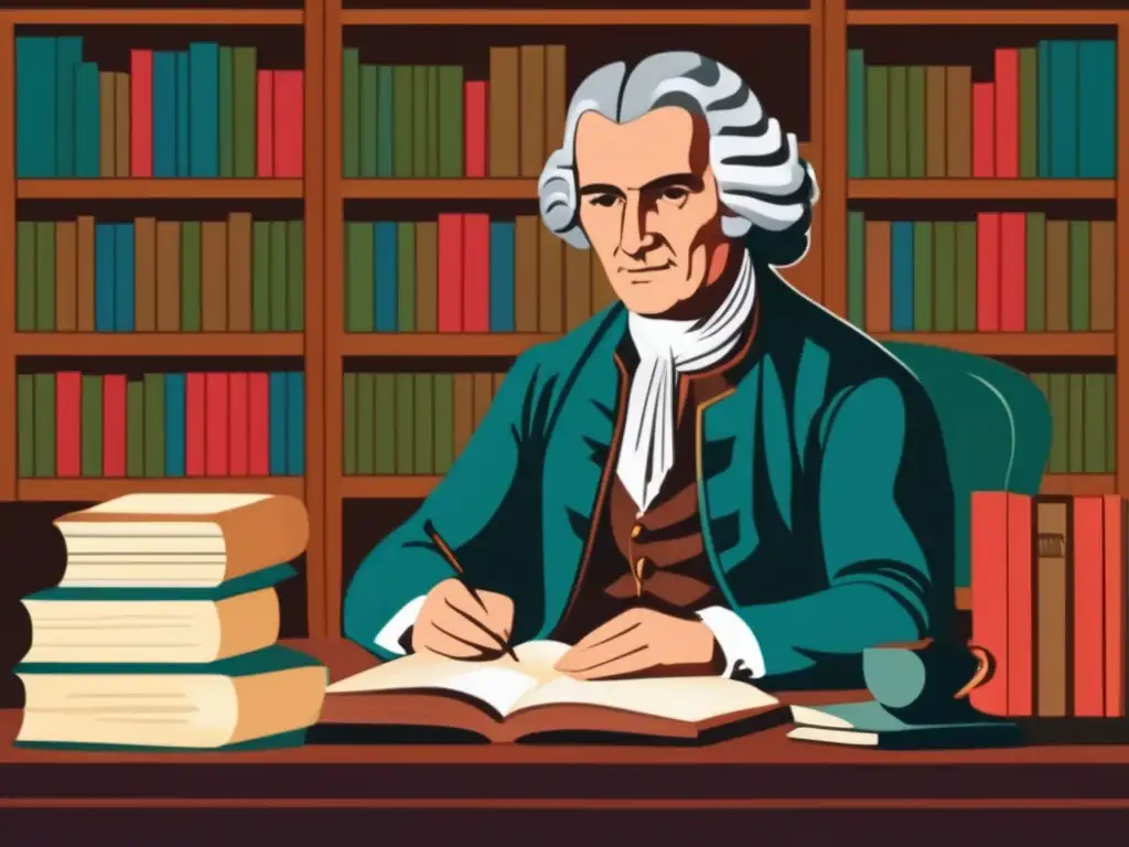 Un retrato detallado de Jean-Jacques Rousseau reflexivo, rodeado de libros y papeles, con una expresión pensativa