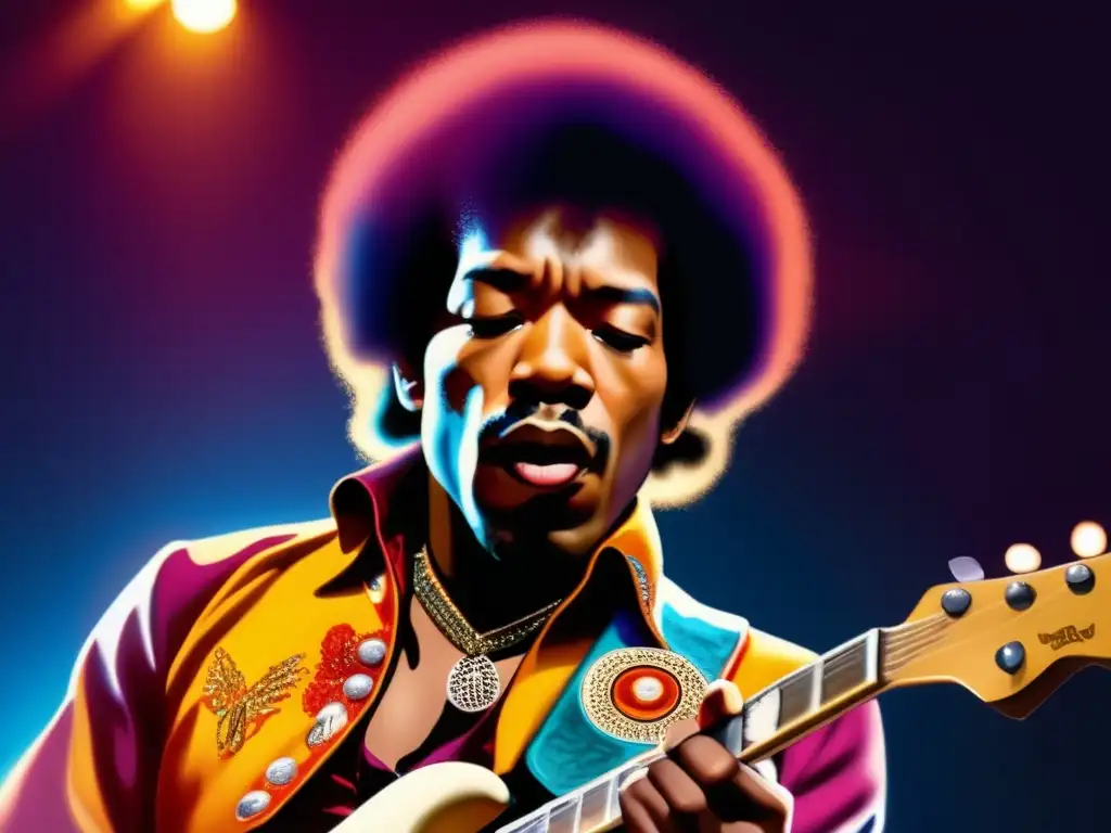 Un retrato detallado en 8k de Jimi Hendrix, tocando apasionadamente la guitarra en el escenario