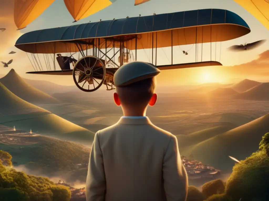 Un retrato detallado en 8k de un joven Santos Dumont, rodeado de bocetos de máquinas voladoras, mirando con asombro y determinación hacia el cielo