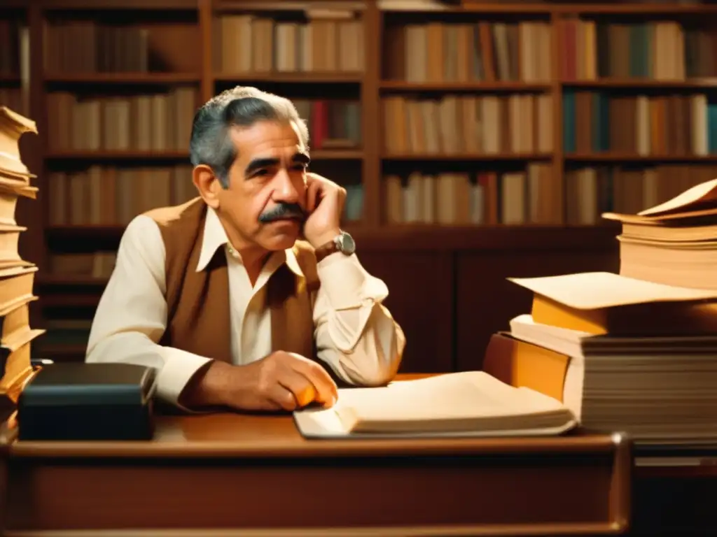 Un retrato detallado de un joven Gabriel García Márquez en su escritorio, rodeado de papeles y libros, con una expresión contemplativa