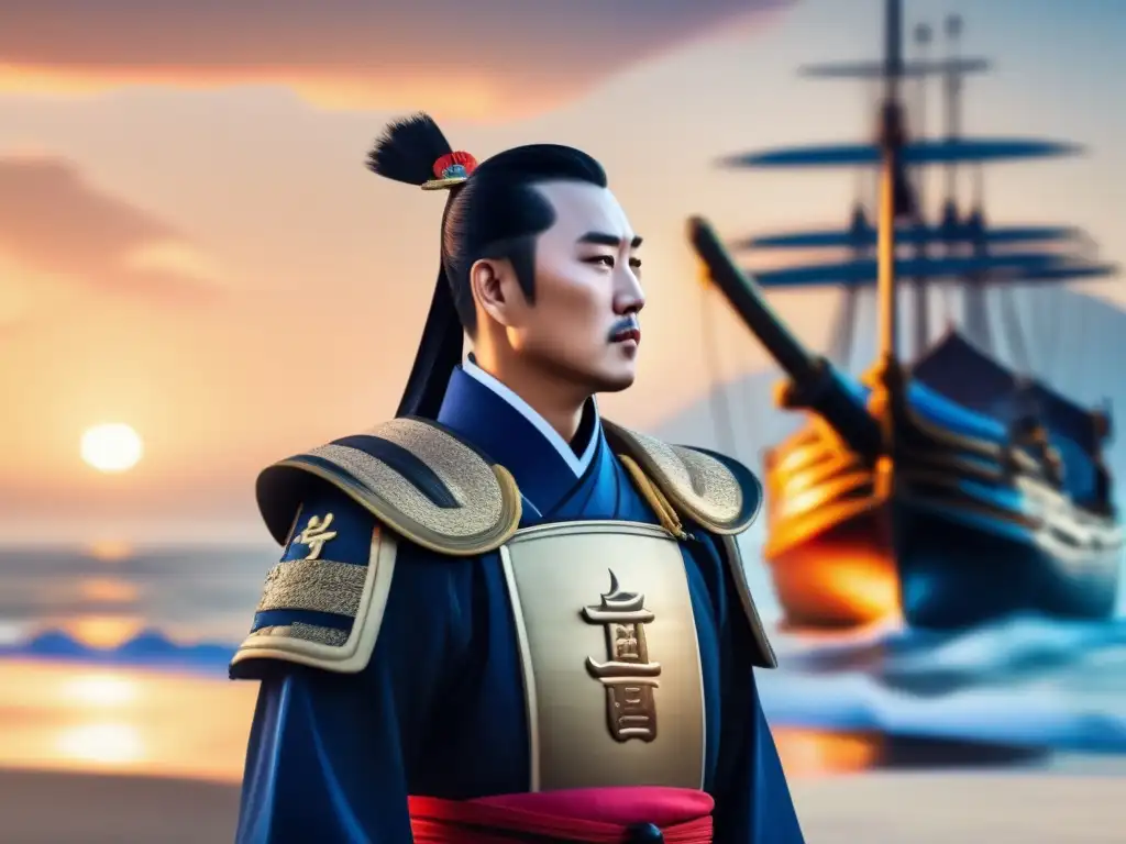 Determinación del Almirante Yi Sunsin: Imagen detallada ultradetallada 8k Un retrato detallado en 8k del joven Admiral Yi Sunsin, con determinación en la mirada, vistiendo armadura tradicional