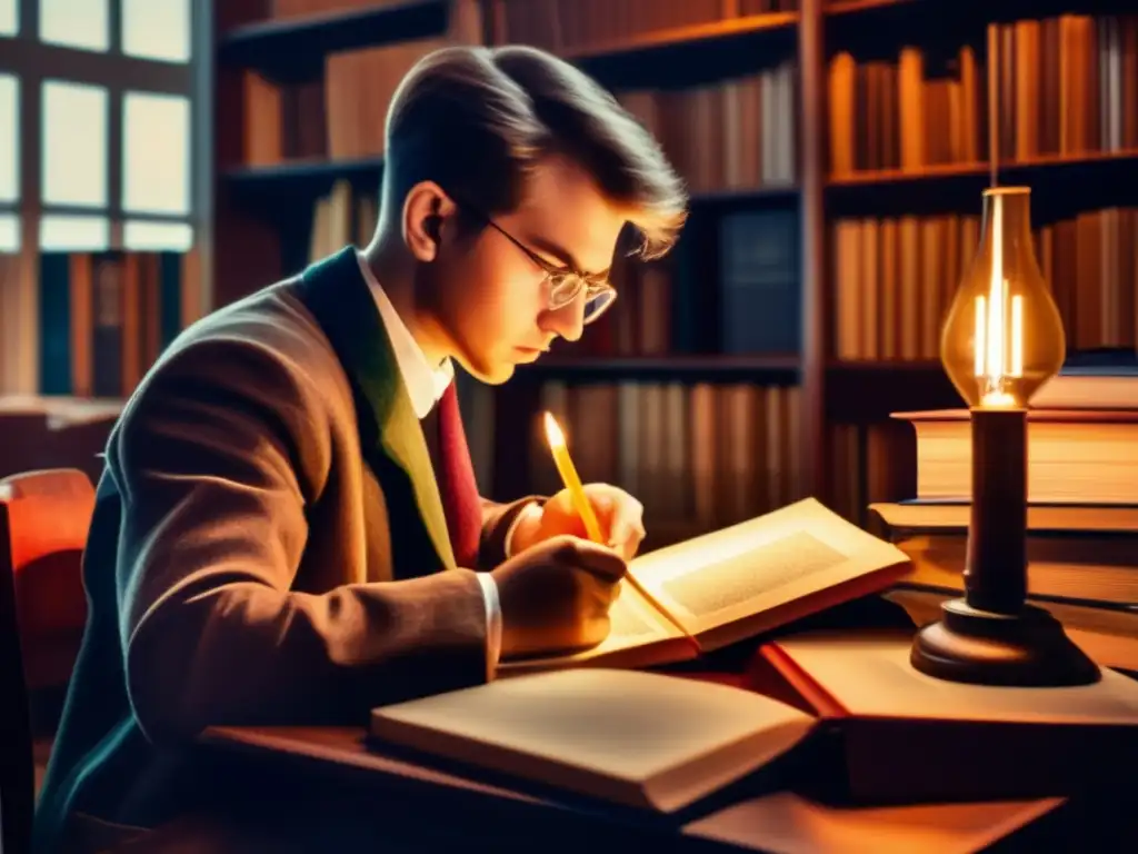 Un retrato detallado de un joven Andrei Sájarov inmerso en sus estudios, rodeado de libros e instrumentos científicos