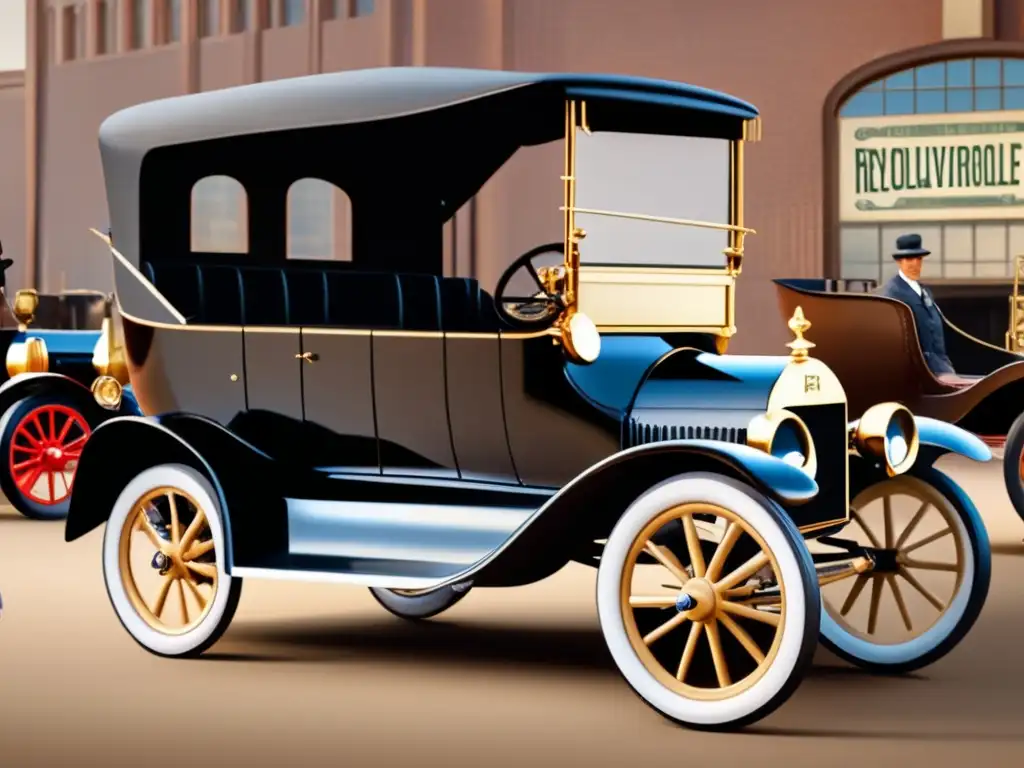 Un retrato detallado de Henry Ford junto al primer automóvil de su revolucionaria línea de ensamblaje