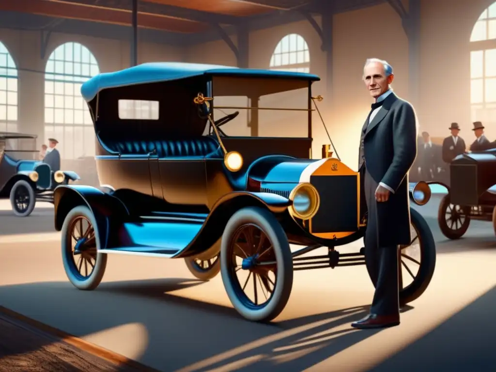 Un retrato detallado en 8k de Henry Ford junto al primer automóvil Model T, con la línea de ensamblaje de fondo