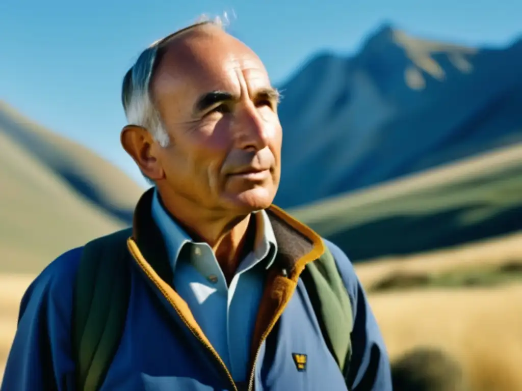 Un retrato detallado de Yvon Chouinard en su juventud, frente a un paisaje montañoso