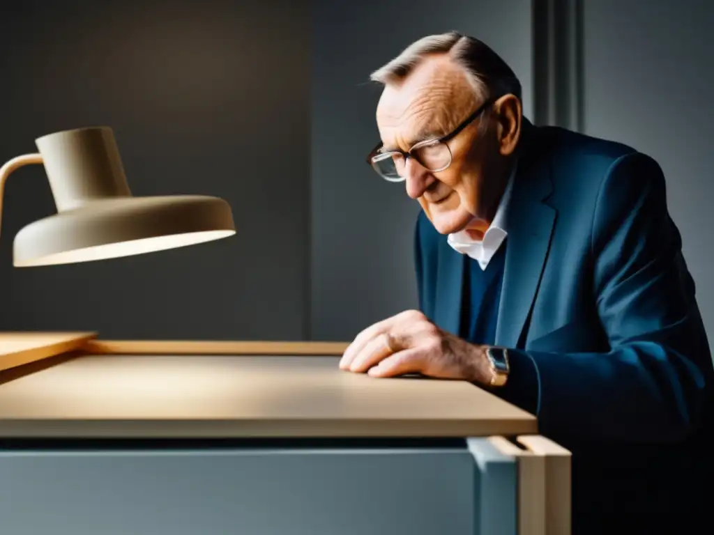 Un retrato detallado de Ingvar Kamprad inspeccionando minuciosamente el diseño y la artesanía de una pieza de mobiliario moderno y minimalista de IKEA