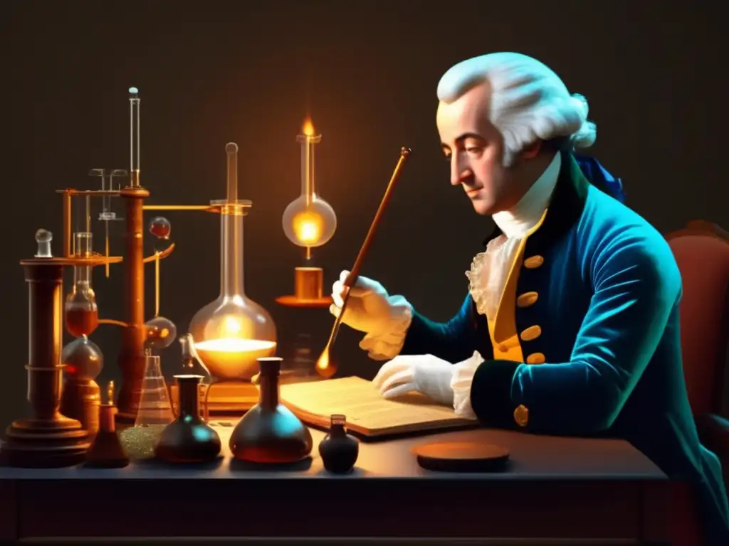 Un retrato detallado de Antoine Lavoisier en su laboratorio, realizando experimentos con precisión bajo la tenue luz de las velas