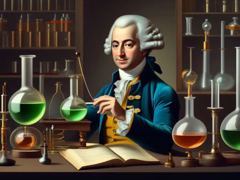 Un retrato detallado en 8k de Antoine Lavoisier en su laboratorio, rodeado de instrumentos científicos y utensilios de vidrio