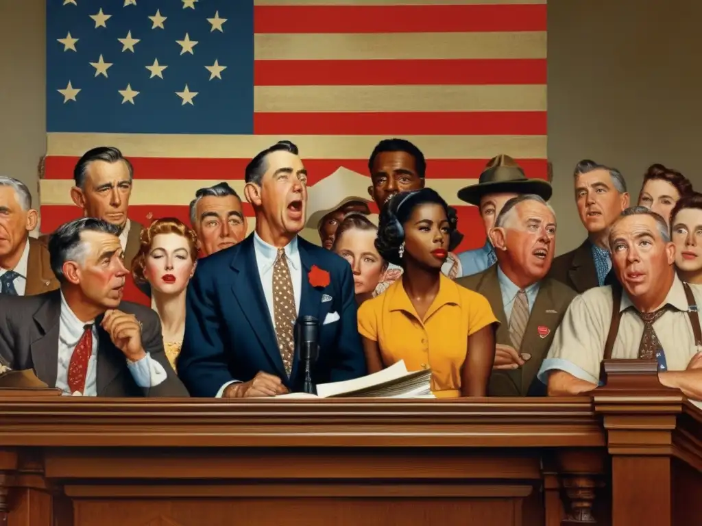 Un retrato detallado de 'La libertad de expresión' de Norman Rockwell, destacando las expresiones faciales y la profundidad emocional de la escena