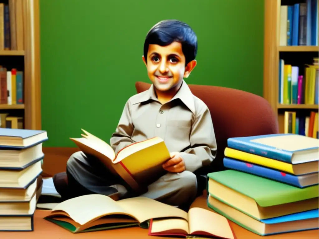 Un retrato detallado de Mahmoud Ahmadinejad como niño, rodeado de libros y dedicado a sus estudios, transmitiendo curiosidad intelectual