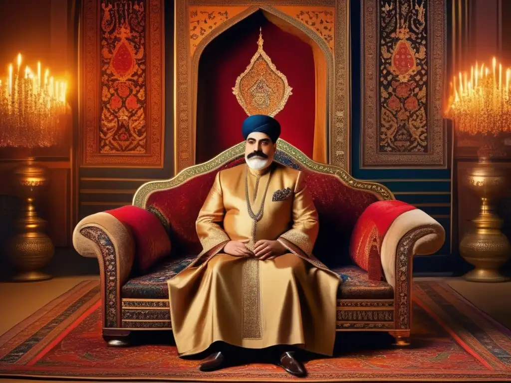 Un retrato detallado y majestuoso del Monarca Persa Naser alDin Shah Qajar en su trono rodeado de arquitectura y alfombras persas ornamentadas