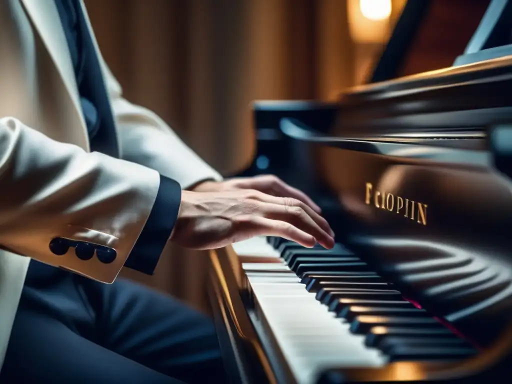 Un retrato detallado de las manos de Frédéric Chopin tocando el piano con intensa emoción y conexión, destacando la revolución emocional en la música