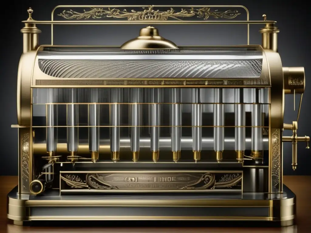 Un retrato detallado de la máquina original de refrigeración de Carl von Linde, destacando la intrincada maquinaria y tecnología avanzada de la época