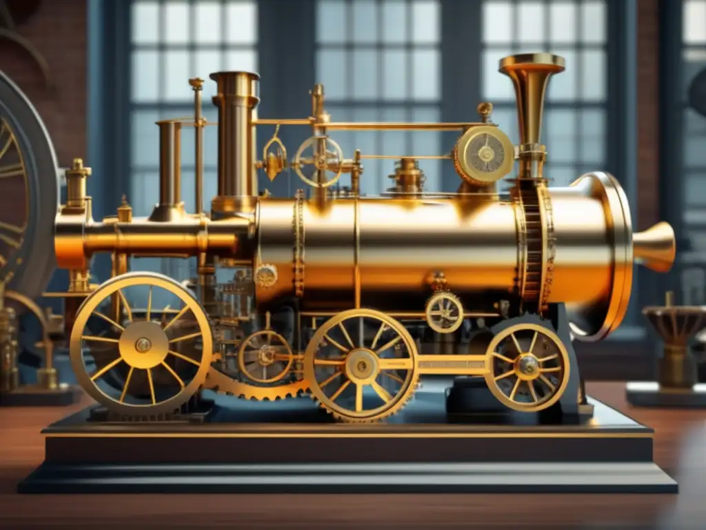 Un retrato detallado en 8k de la máquina de vapor de James Watt, resaltando su diseño intrincado y su importancia en la revolución industrial