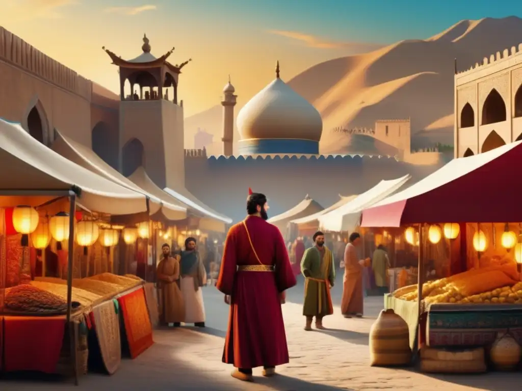 Un retrato detallado en 8k de Marco Polo en la Ruta de la Seda, inmerso en el bullicio de un mercado antiguo