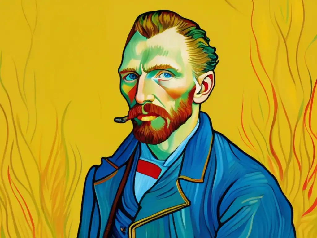 Un retrato detallado de Vincent van Gogh con su mirada intensa y emotiva, mostrando su estilo de pinceladas intrincadas