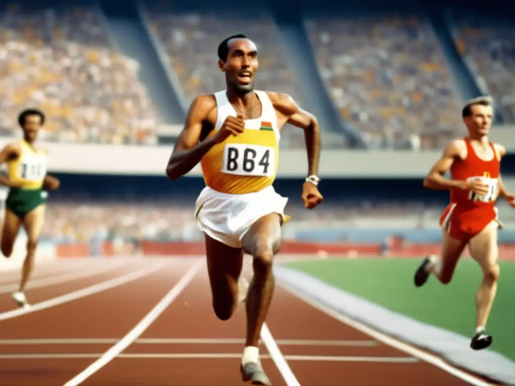 Un retrato detallado y moderno de Abebe Bikila corriendo descalzo en los Juegos Olímpicos de Tokio 1964, capturando su determinación y atletismo