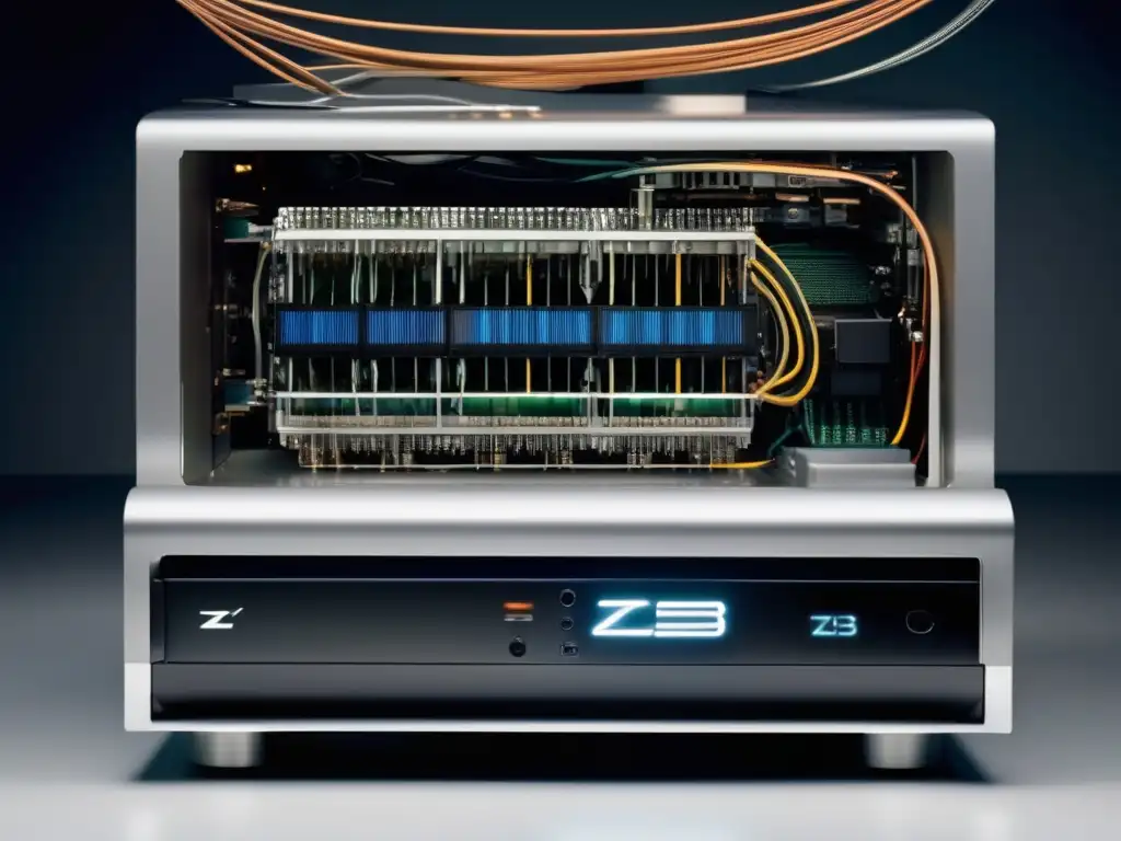 Un retrato detallado y moderno de la computadora Z3 de Konrad Zuse, destacando su complejidad y sofisticación en un entorno contemporáneo