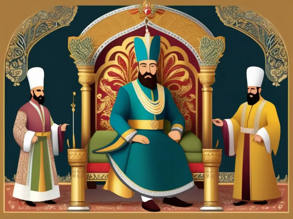 Un retrato detallado y moderno de Sultan Suleiman el Magnífico sentado en su trono, rodeado de elementos arquitectónicos y artísticos otomanos