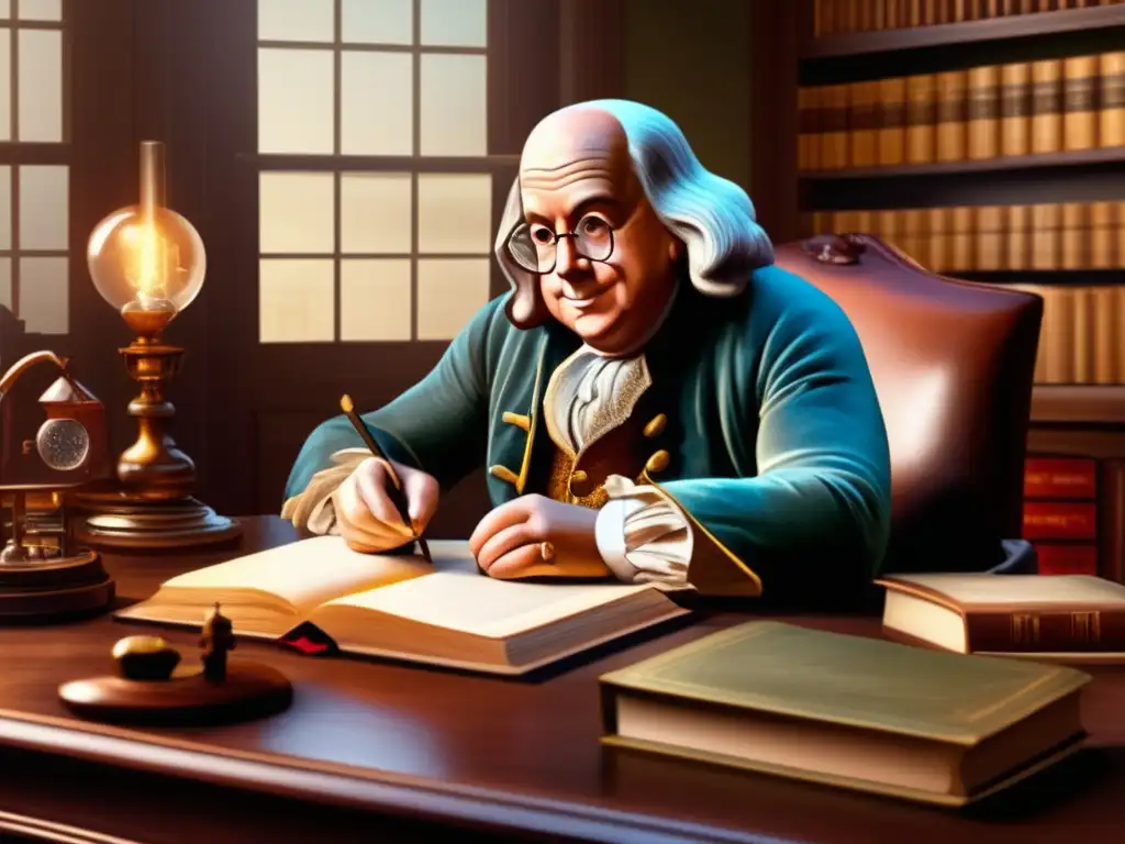 Un retrato detallado de Benjamin Franklin, inventor del mundo moderno, inmerso en su escritura en un estudio iluminado por la cálida luz natural