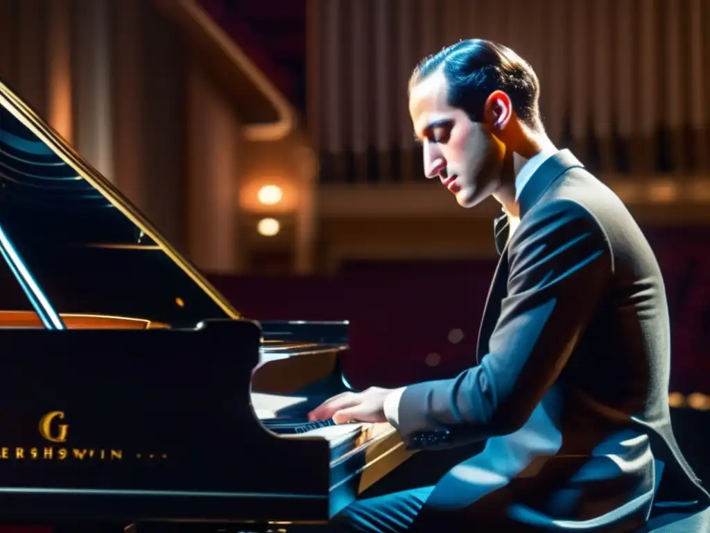 Un retrato detallado de George Gershwin fusionando música en un piano de concierto, inmerso en su pasión creativa