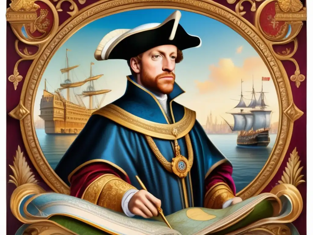 Un retrato detallado de la biografía de Enrique el Navegante, con expresión sabia y determinada, sosteniendo un mapa y una brújula, rodeado de un puerto bullicioso y barcos zarpando hacia horizontes lejanos