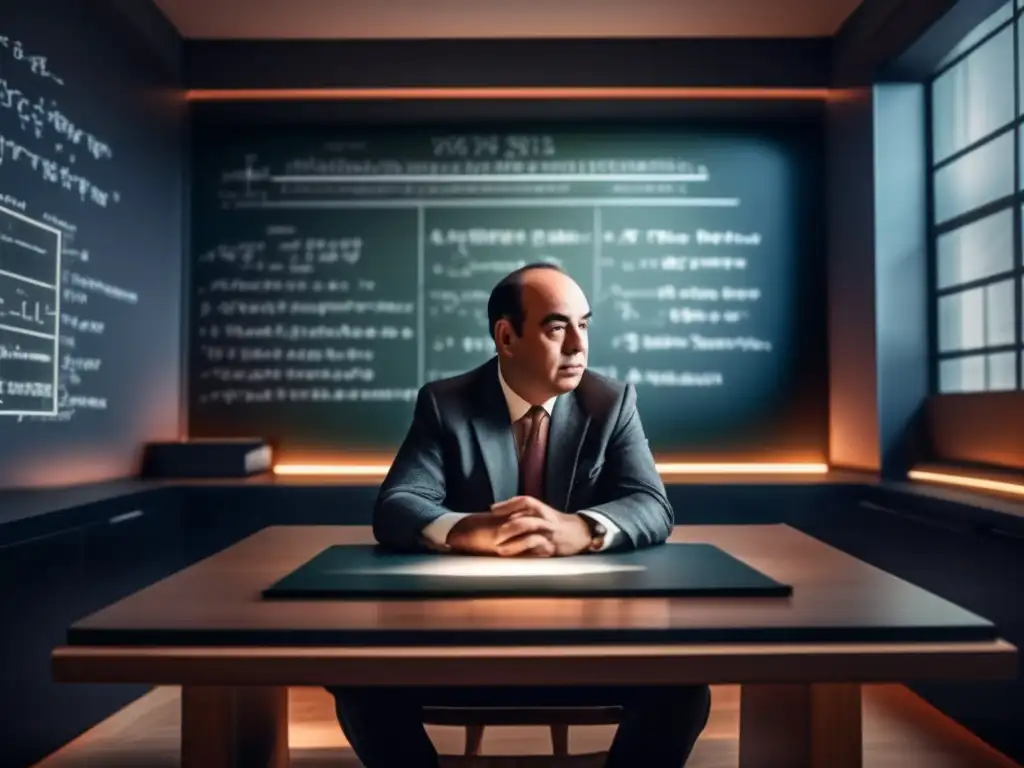Un retrato 8k detallado de John von Neumann concentrado en su escritorio, rodeado de complejas ecuaciones de teoría de juegos