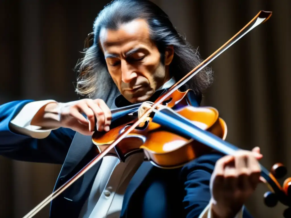 Un retrato detallado de Niccolò Paganini tocando el violín, transmitiendo pasión y destreza