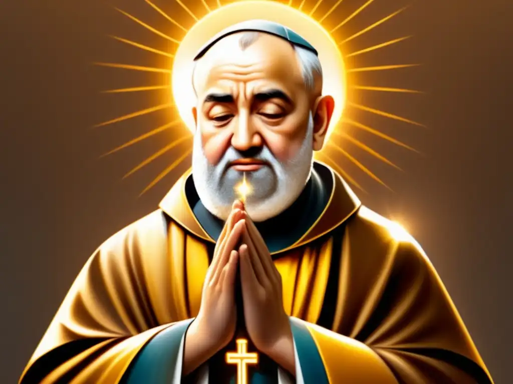Milagroso Padre Pío: Imagen detallada y conmovedora Un retrato detallado del Padre Pío arrodillado en oración con estigmas brillantes, rodeado de una suave luz dorada