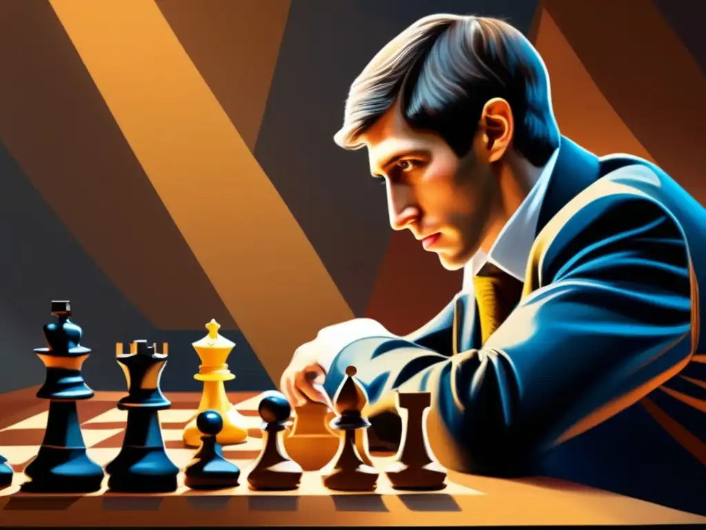 Retrato detallado de Bobby Fischer en una partida de ajedrez, mostrando concentración, determinación e inteligencia