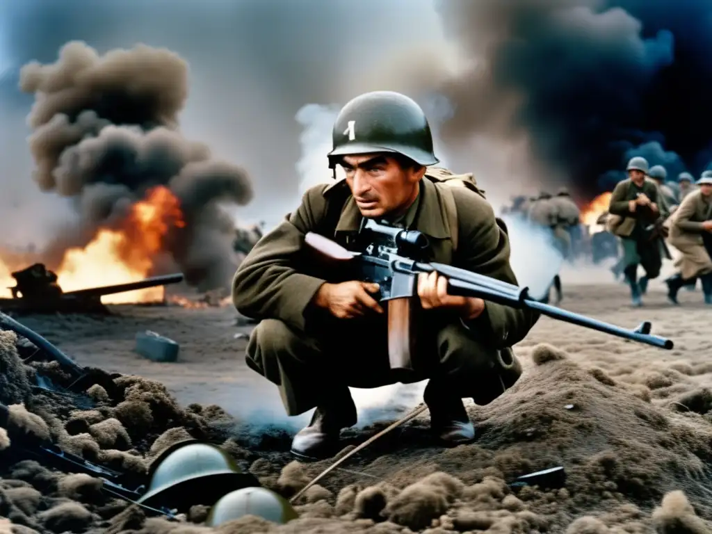 Un retrato detallado de Robert Capa en pleno campo de batalla, cámara en mano, capturando un momento intenso de conflicto