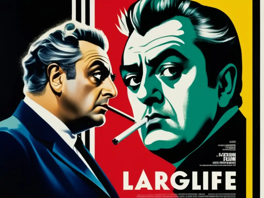 Un retrato detallado de Federico Fellini frente a un póster de su película, exudando sofisticación y la enigmática atracción del surrealismo italiano
