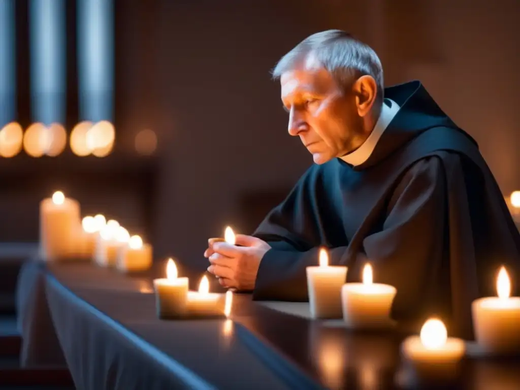 Un retrato detallado de Meister Eckhart en profunda contemplación, iluminado por la tenue luz de las velas