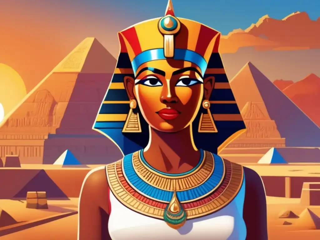 Un retrato detallado de la Reina Hatshepsut, quinta faraona de la Dinastía XVIII de Egipto, en colores vibrantes y detalles intrincados