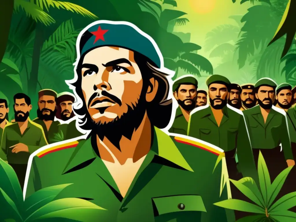 Un retrato detallado de Che Guevara liderando a revolucionarios en la jungla, con un enfoque intenso en su icónica boina y mirada firme