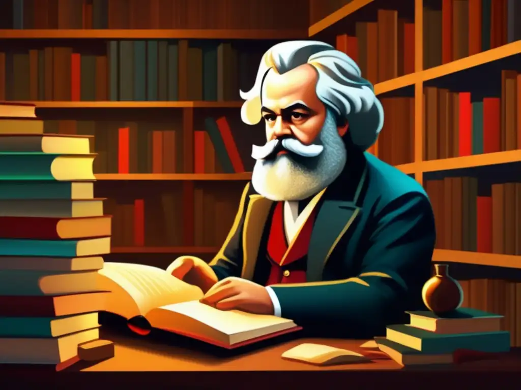 Un retrato detallado de Karl Marx de niño, leyendo rodeado de libros en una habitación tenue