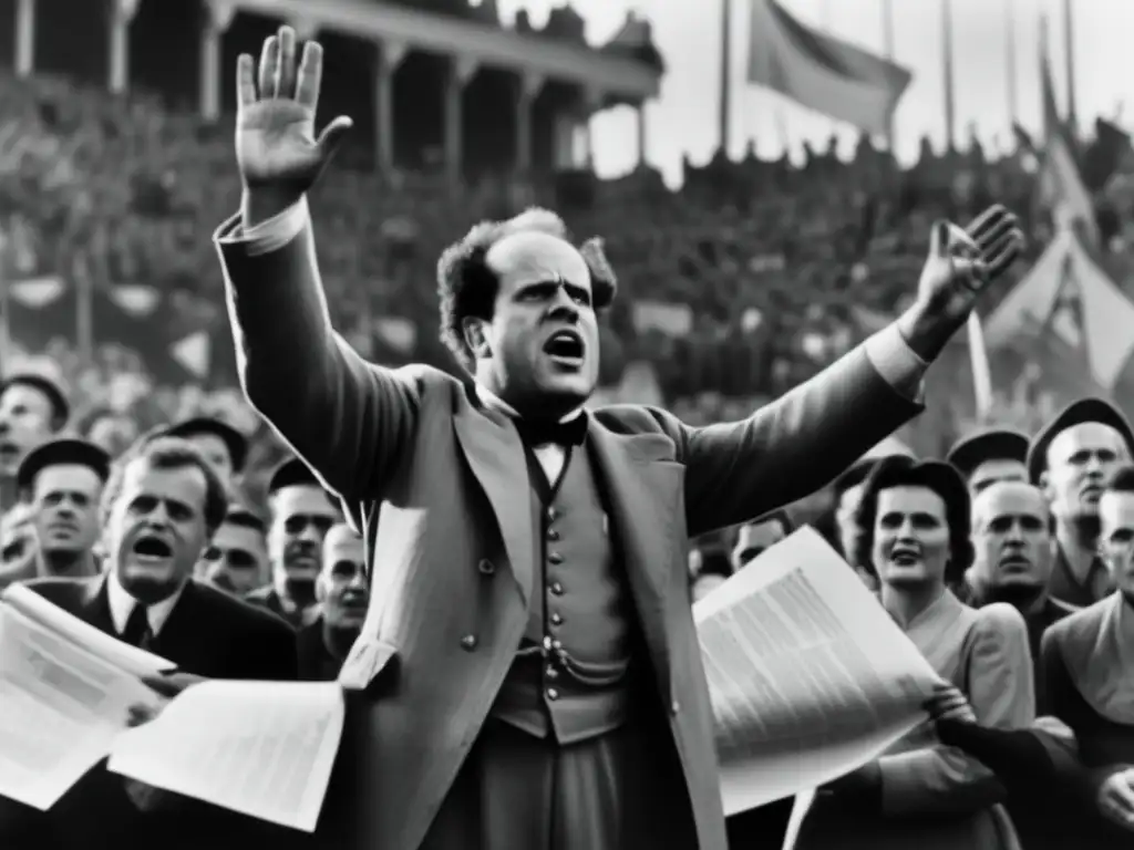 Un retrato detallado de Sergei Eisenstein entregando un apasionado discurso frente a una multitud, rodeado de propaganda soviética