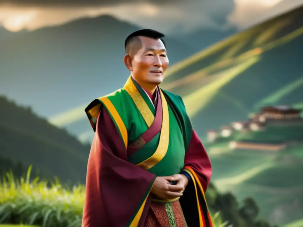 Majestuoso rey de Bhután contempla el Himalaya en 8k ultradetalle Un retrato 8k detallado de Jigme Singye Wangchuck, ex rey de Bután, en una colina verde con los majestuosos Himalayas de fondo