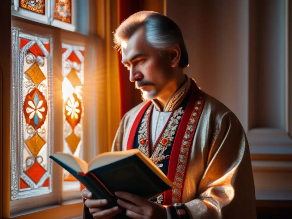 Un retrato detallado de Vladimir Solovyov frente a una ventana iluminada por el sol, vistiendo traje tradicional ruso con bordados intrincados