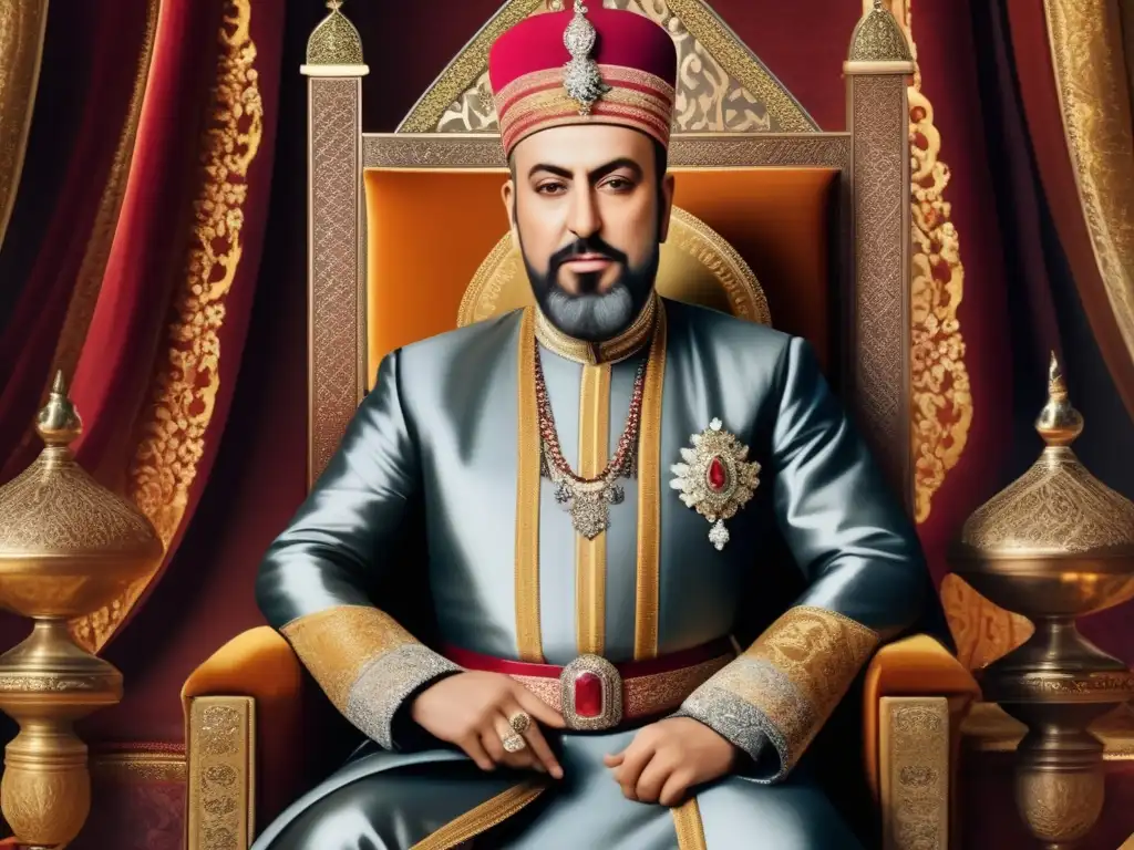 Un retrato detallado en 8k del Sultan Suleiman el Magnífico en su trono, exudando poder y sabiduría