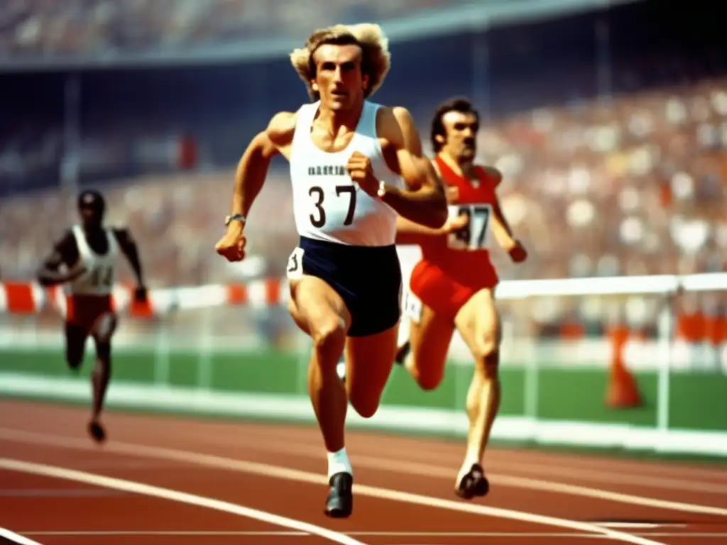 Un retrato detallado de Valery Borzov cruzando la línea de meta en la carrera de 100 metros en los Juegos Olímpicos de Múnich 1972