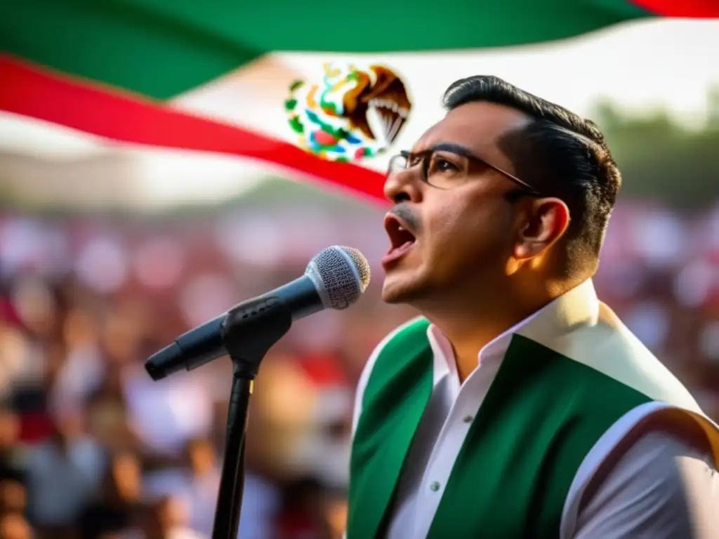 Un retrato detallado y vibrante de Gustavo Díaz Ordaz entregando un apasionado discurso a una multitud, con la bandera mexicana ondeando en el fondo