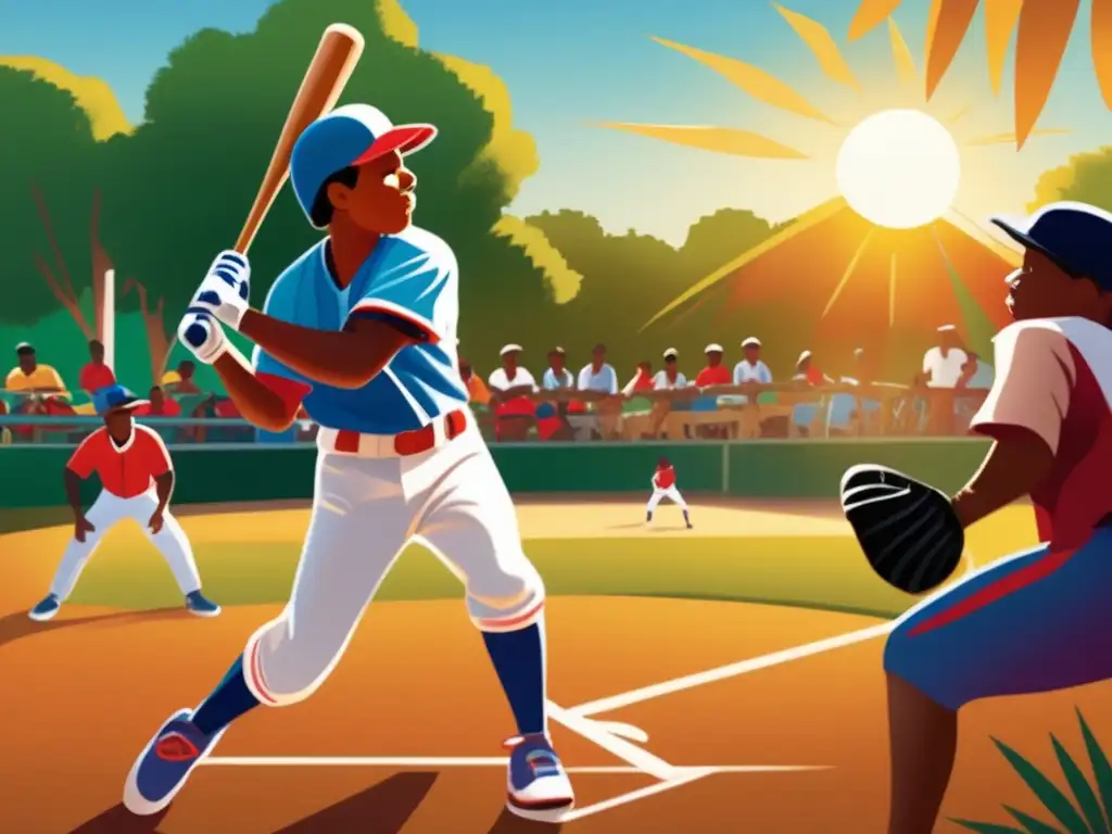 Un retrato detallado y vibrante de Hipólito Mejía jugando béisbol en un campo soleado, rodeado de amigos y familia